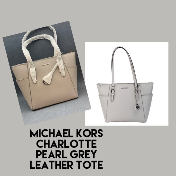 Michael Kors Tote Bag Charlotte Pearl Grey Leather Silver NWT Purse Handbag